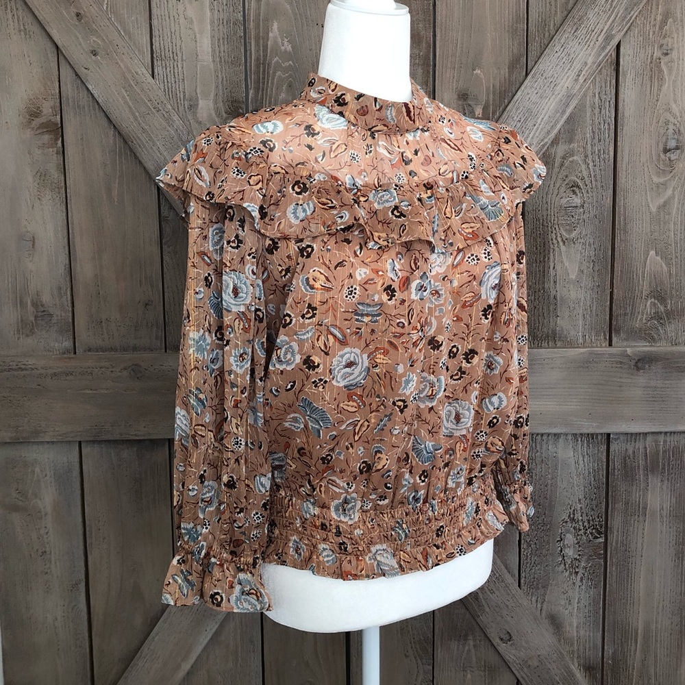 Floral Ruffle High-Neck Blouse - Brown